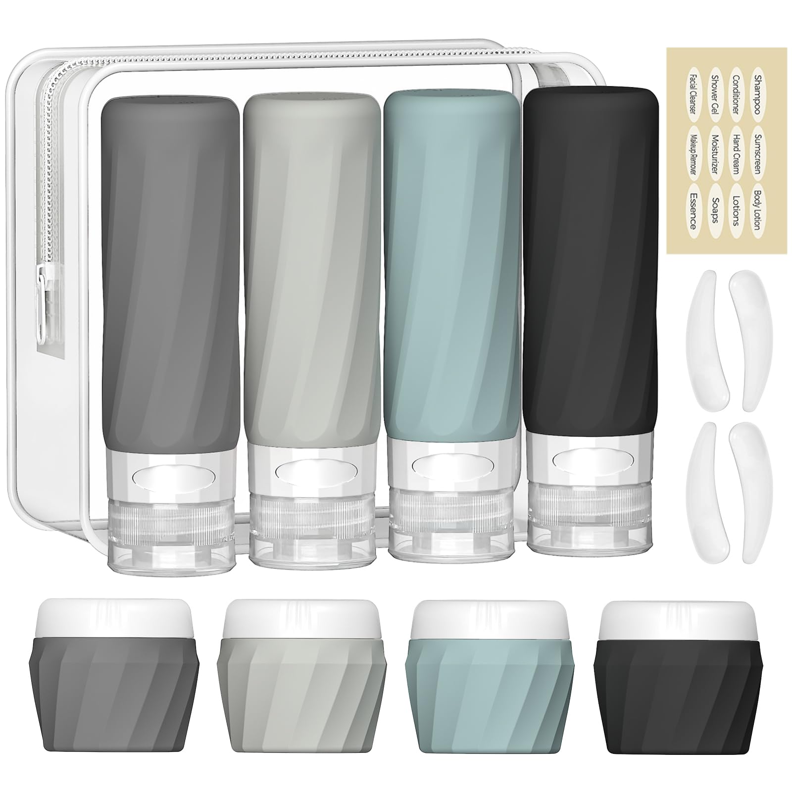 Silevoler 14pack Travel Bottles for Toiletries, TSA Approved Travel Size Toiletries Containers Set, Premium Silicone Leak Proof Refillable Squeezable & Creams jars Accessories Kit W/Clear Bag (Gray)