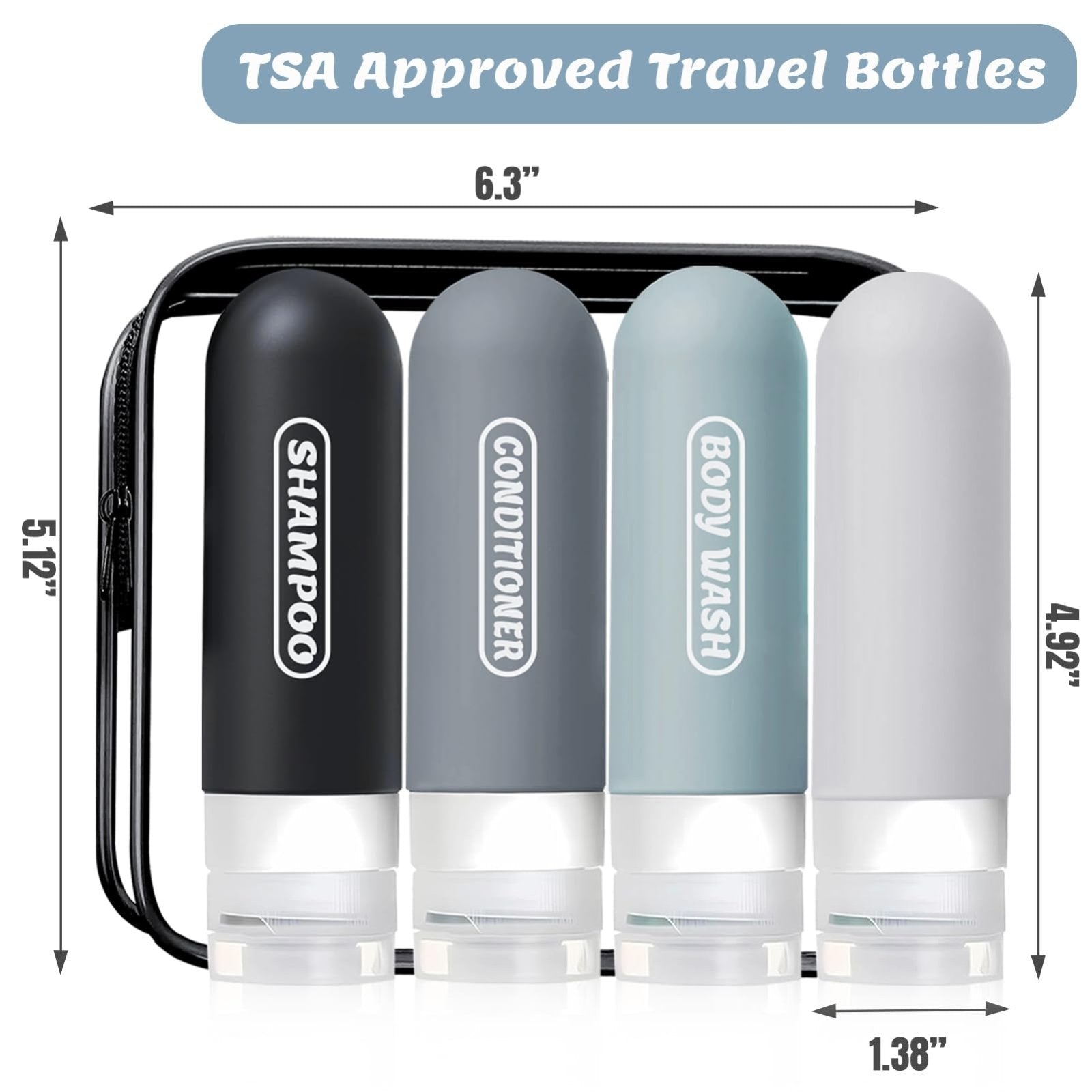Silicone Travel Bottles for Toiletries with Labels, 3oz TSA Approved Squeezable Travel Size Containers, Leak Proof Travel Shampoo and Conditioner Bottles with Toiletry Bag (4 Pack, Dark Color)