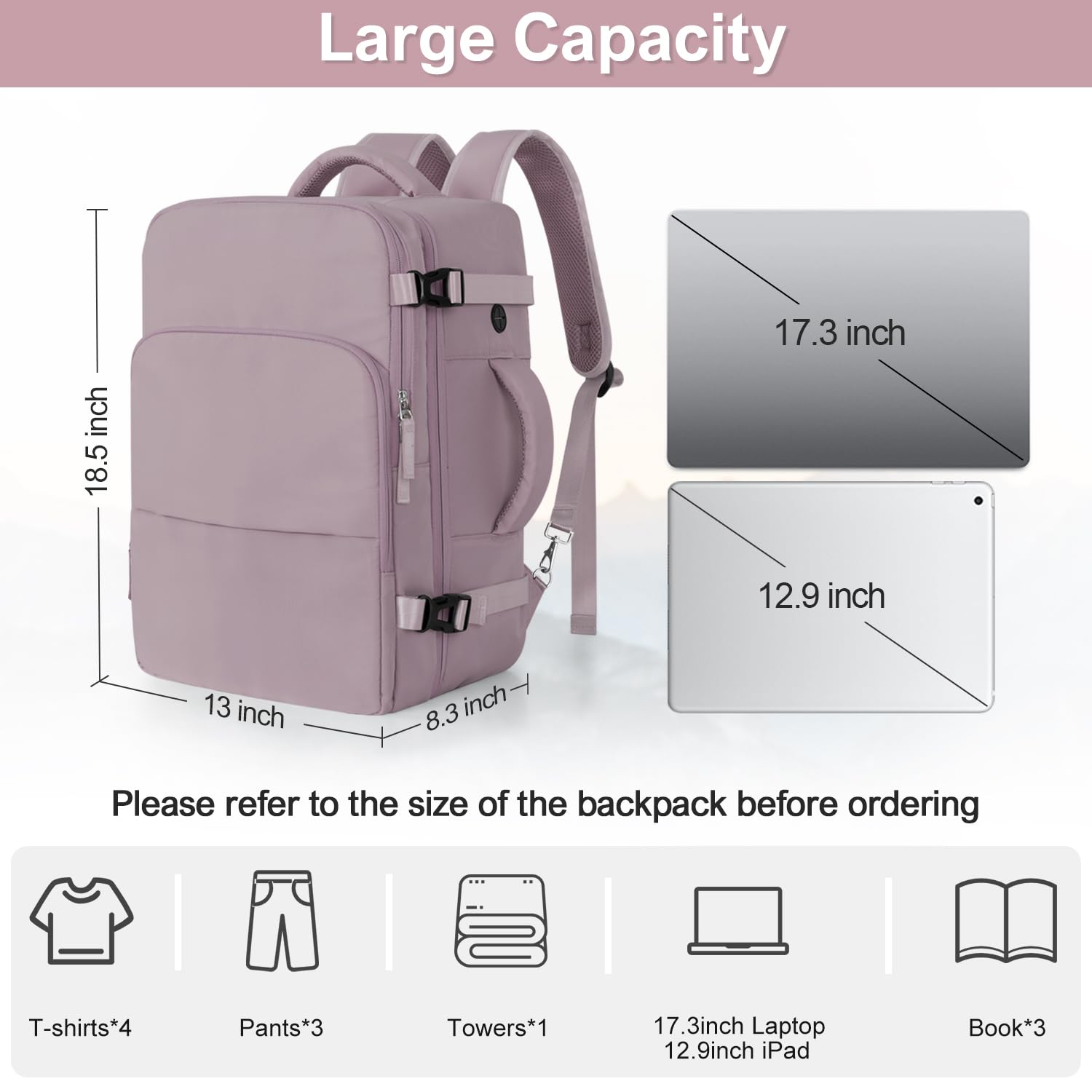 Sinaliy Travel Backpack, Carry on Flight Approved Backpack with Multi - Pockets, TSA Waterproof 17.3inch Laptop Backpack, Personal Item Travel Bag for Men Women, Light Purple