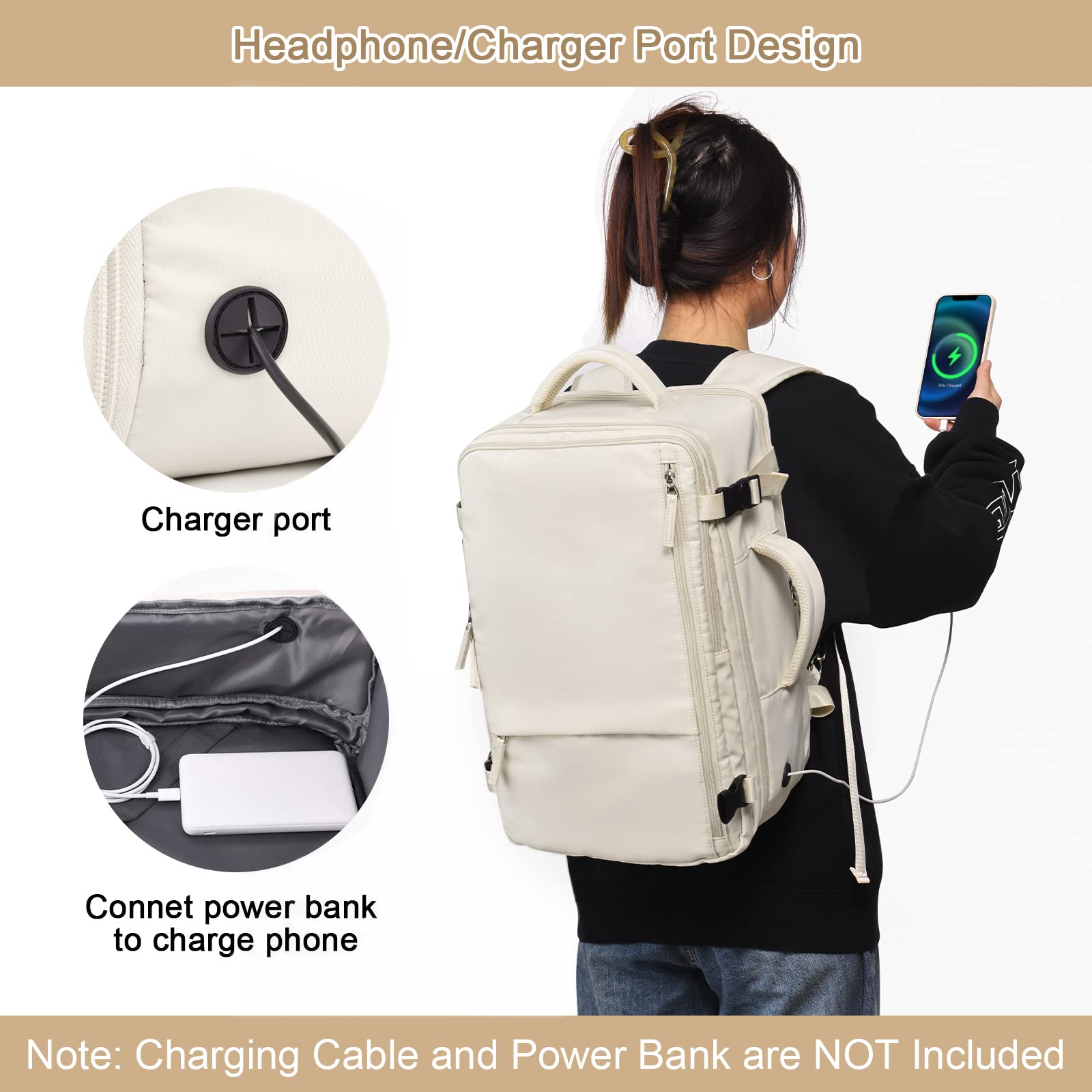 Sinaliy Travel Backpack for Women, Expandable 40L Carry on Flight Approved Backpack, 17 Inch Laptop Waterproof Travel Bag for College, Travel, Work, Beige