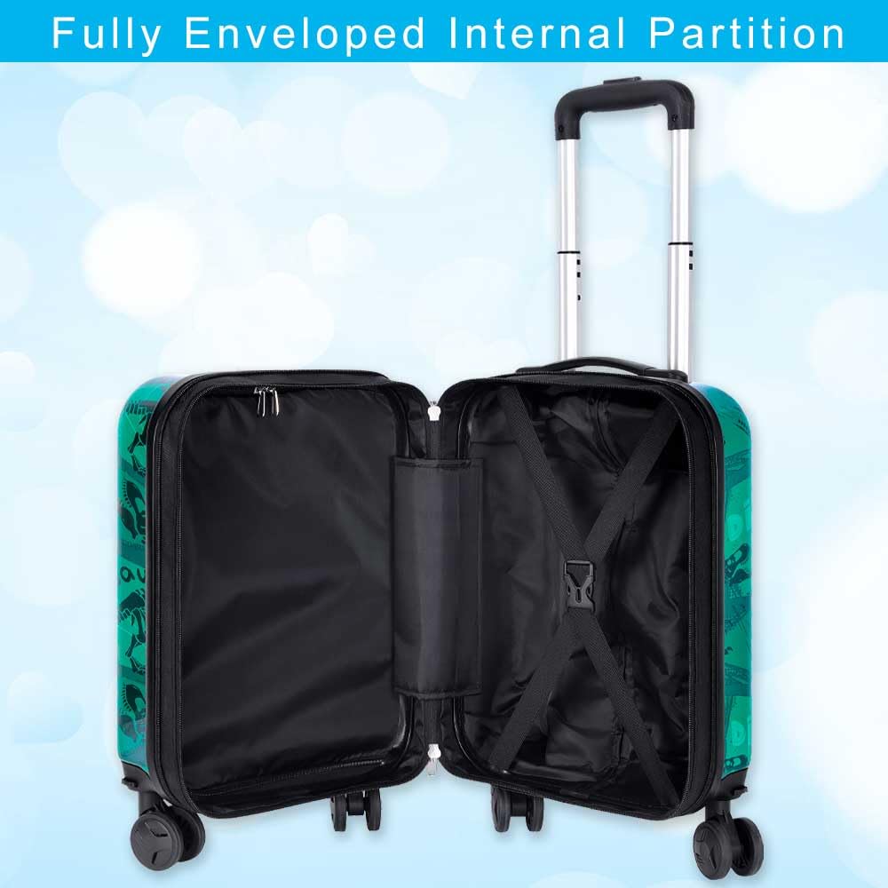 Skateboard Dinosaur Kids Luggage 2PC Set: Airline - Approved Carry On Boys Suitcase with 360° Spinner Rolling Wheels, Includes Neck Pillow