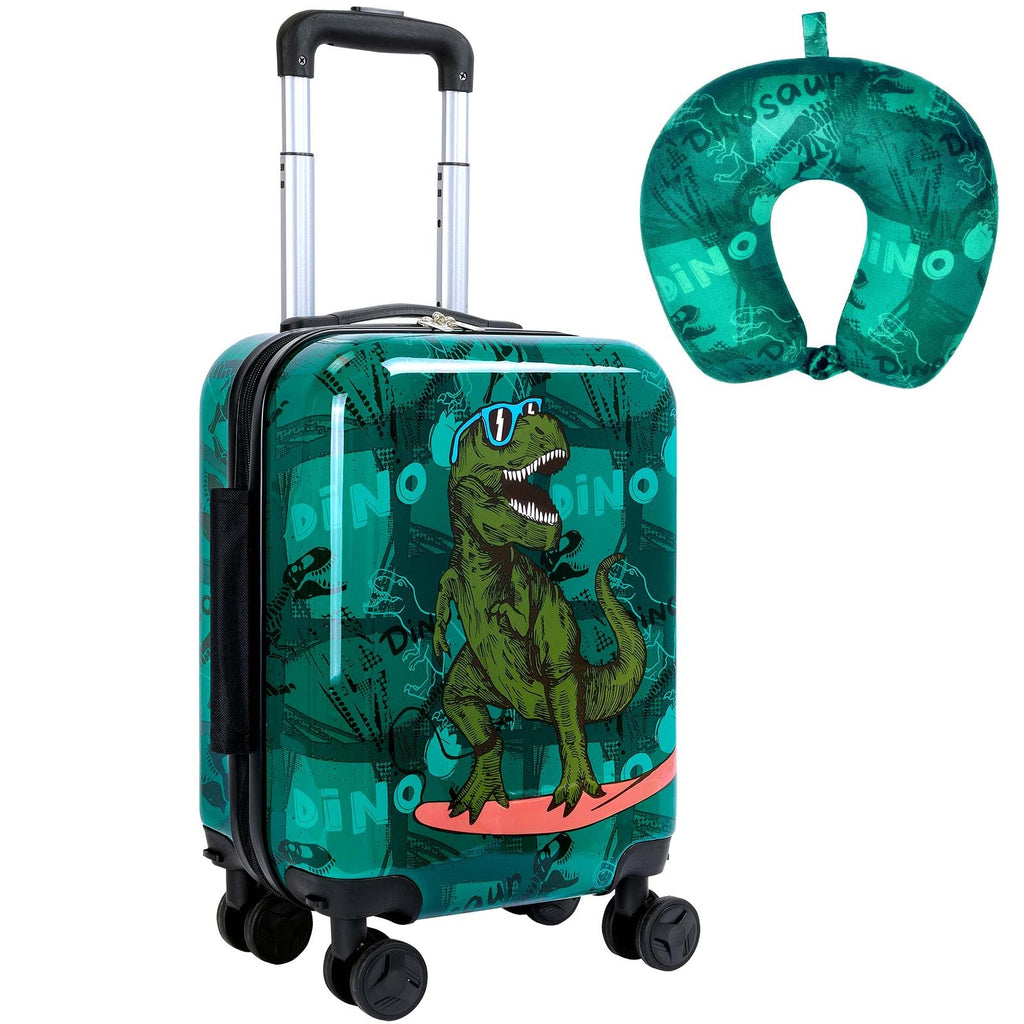 Skateboard Dinosaur Kids Luggage 2PC Set: Airline-Approved Carry On Boys Suitcase with 360° Spinner Rolling Wheels, Includes Neck Pillow