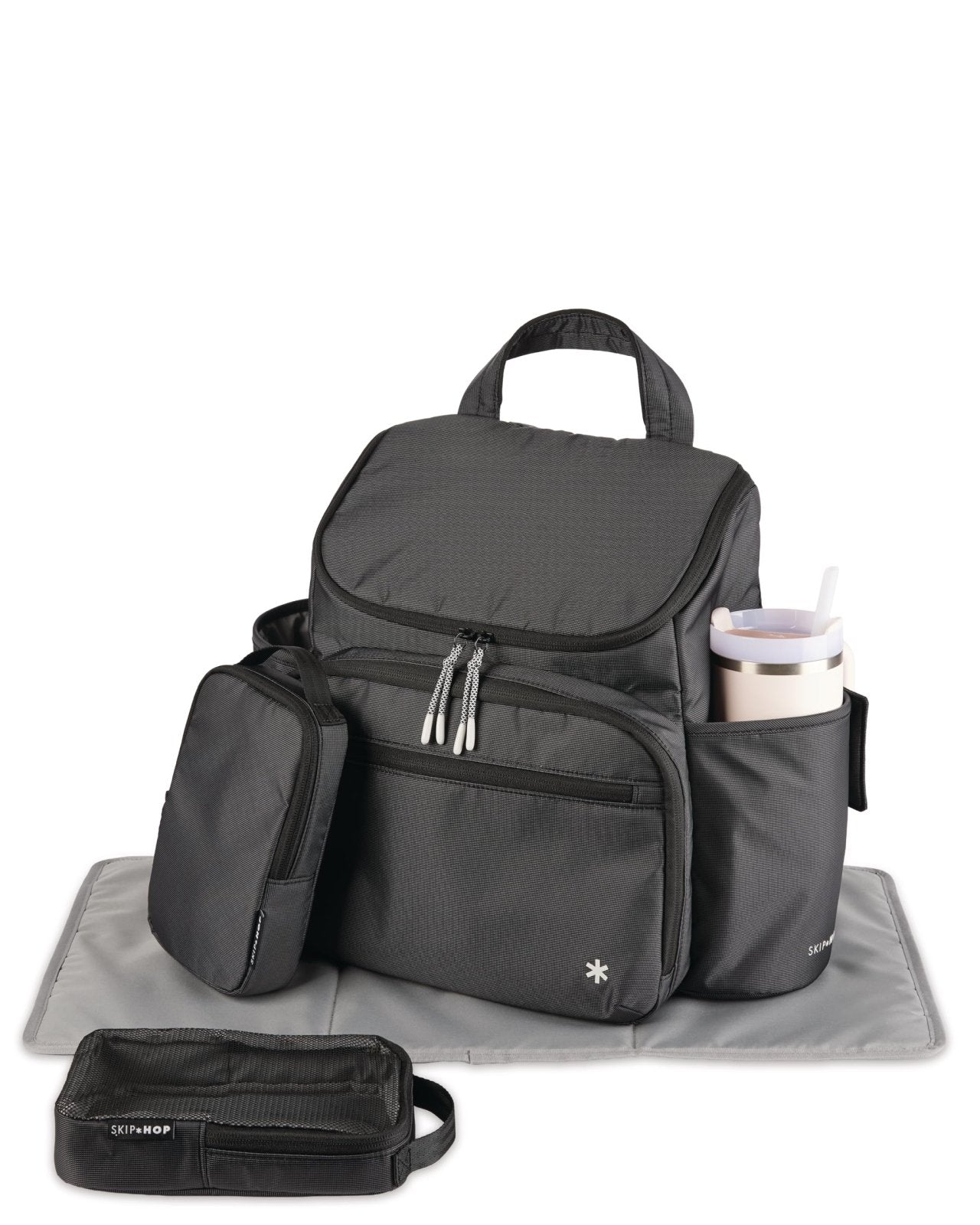 Skip Hop Diaper Bag Backpack with Portable Changing Pad Adjustable Pocket for 30 oz Tumblers 9 Total Pockets Insulated Packing Cubes Luggage Sleeve & Stroller Straps Fits a 14” Laptop Forma Next Black