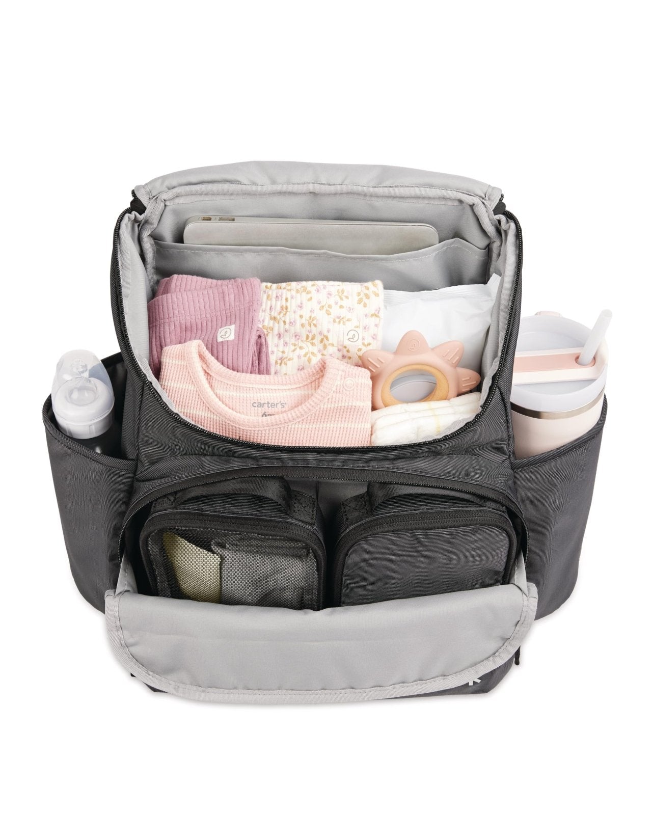 Skip Hop Diaper Bag Backpack with Portable Changing Pad Adjustable Pocket for 30 oz Tumblers 9 Total Pockets Insulated Packing Cubes Luggage Sleeve & Stroller Straps Fits a 14” Laptop Forma Next Black