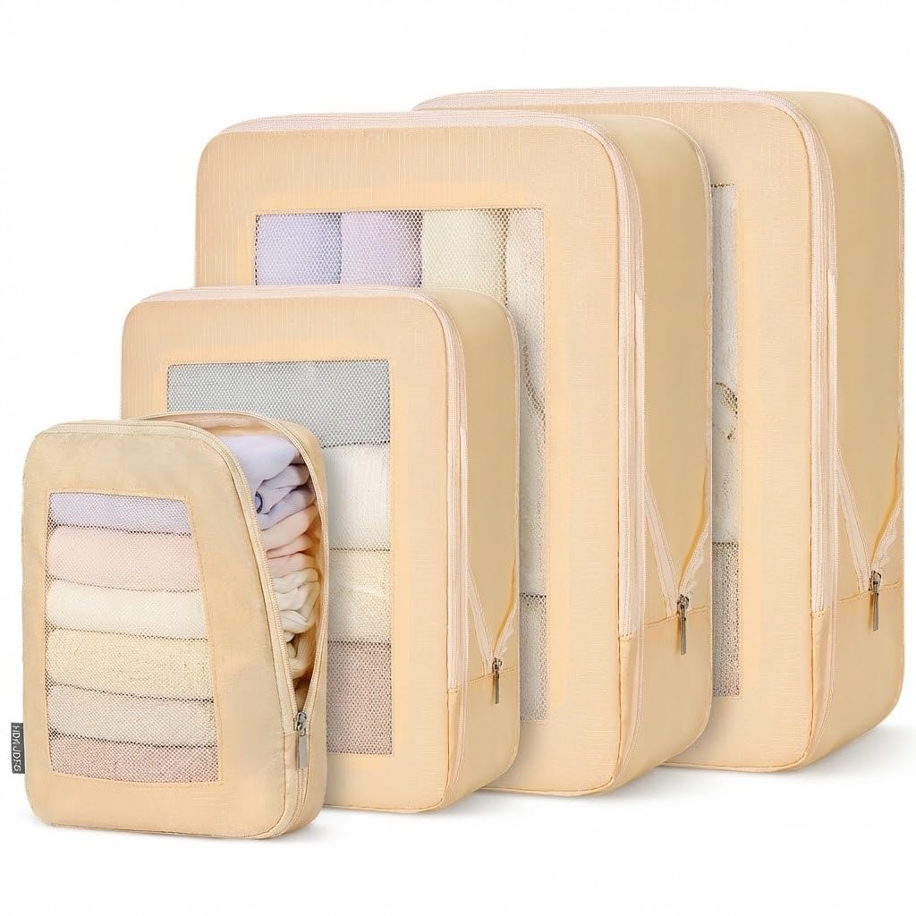 Small Compression Packing Cubes 4-Piece Set - Space Saving Travel Organizer Bags for Carry-On Luggage, Compressible Mesh Packing Cubes for Travel Women Ultralight