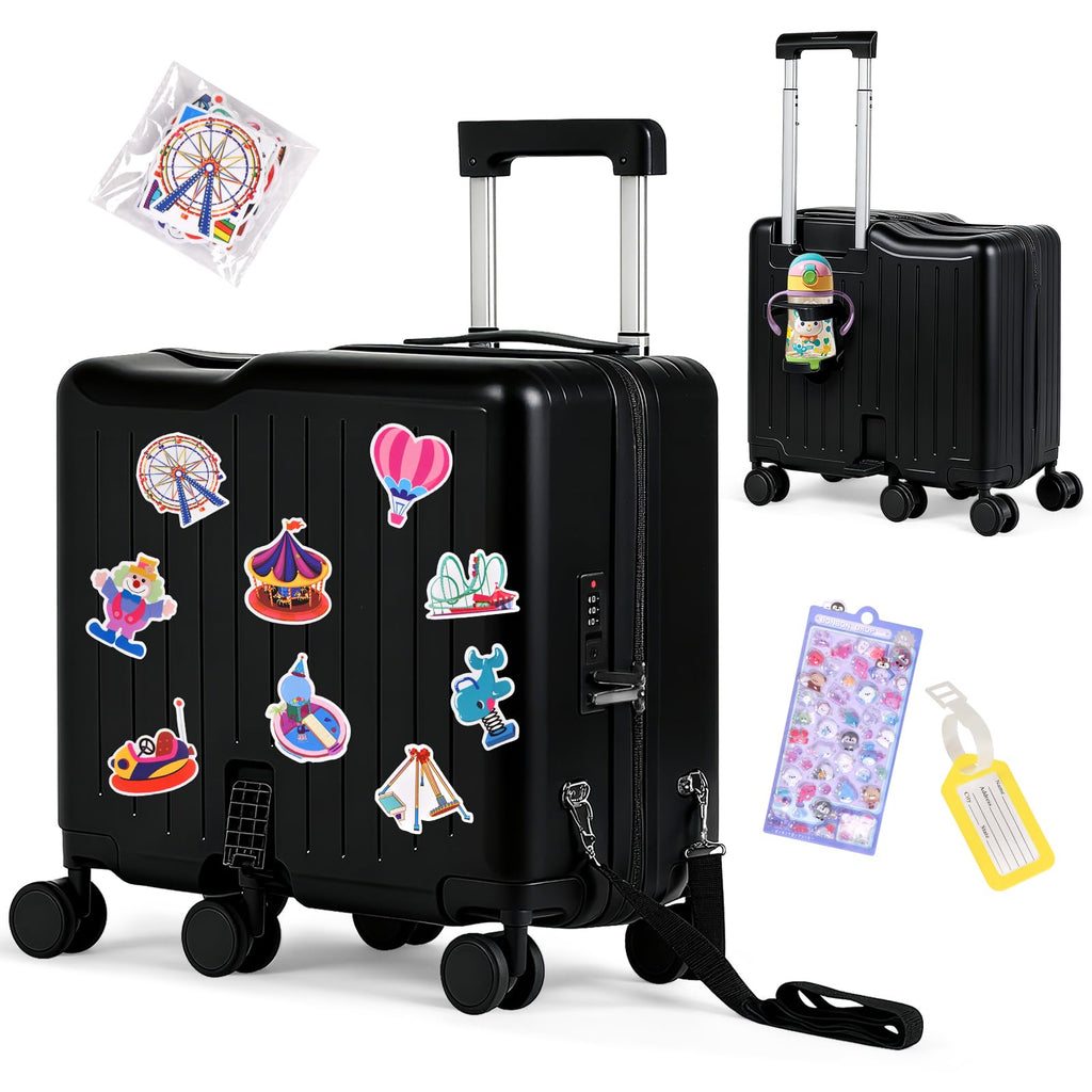 smilesun Kids Ride-On Luggage, 20" Hardshell Carry-On Suitcase with 6 Spinner Wheels, Foldable Pedal, Hidden Cup Holder & Combination Lock for Toddlers & Children (Black, 20-inch)