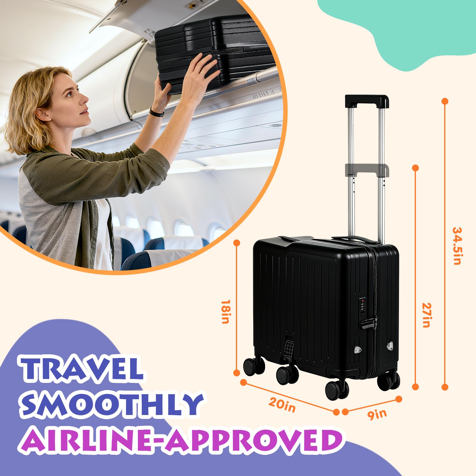 smilesun Kids Ride - On Luggage, 20" Hardshell Carry - On Suitcase with 6 Spinner Wheels, Foldable Pedal, Hidden Cup Holder & Combination Lock for Toddlers & Children (Black, 20 - inch)