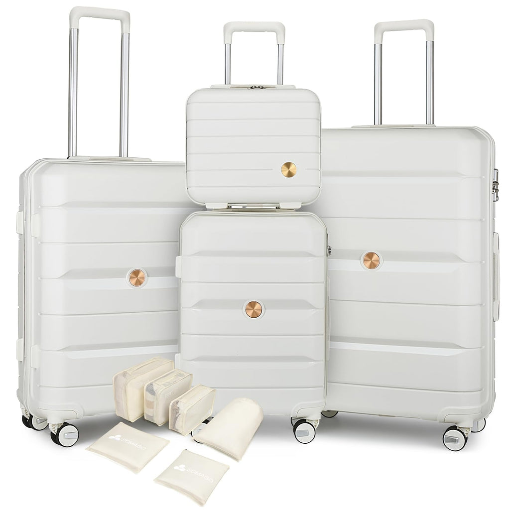 Somago Luggage Sets and Packing Cube Travel Set Lightweight Hardside Polypropylene Suitcases with Double Spinner Wheels and TSA Lock,Creamy White