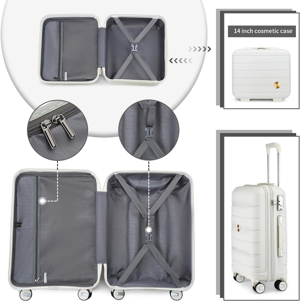 Somago Luggage Sets and Packing Cube Travel Set Lightweight Hardside Polypropylene Suitcases with Double Spinner Wheels and TSA Lock,Creamy White