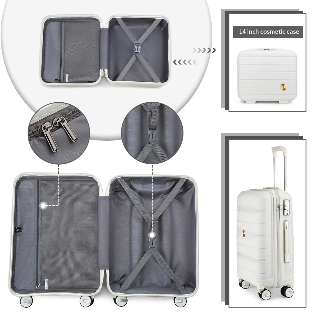 Somago Luggage Sets and Packing Cube Travel Set Lightweight Hardside Polypropylene Suitcases with Double Spinner Wheels and TSA Lock,Creamy White