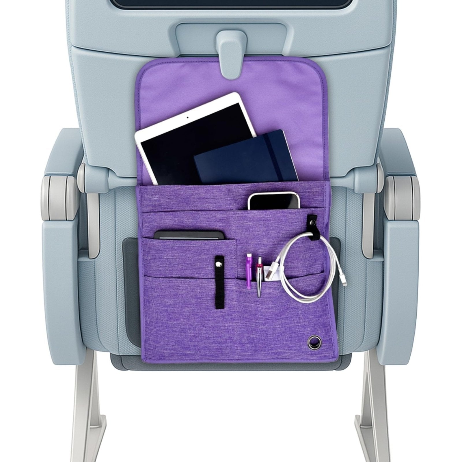 SO~MINE Airplane Pocket Organizer | Tray Table Cover | In Flight Seat Back Organizer Bag | Commuter Essential Travel Bag | Media Pouch For Flying | Travel Gift | Attaches To Luggage (Purple)