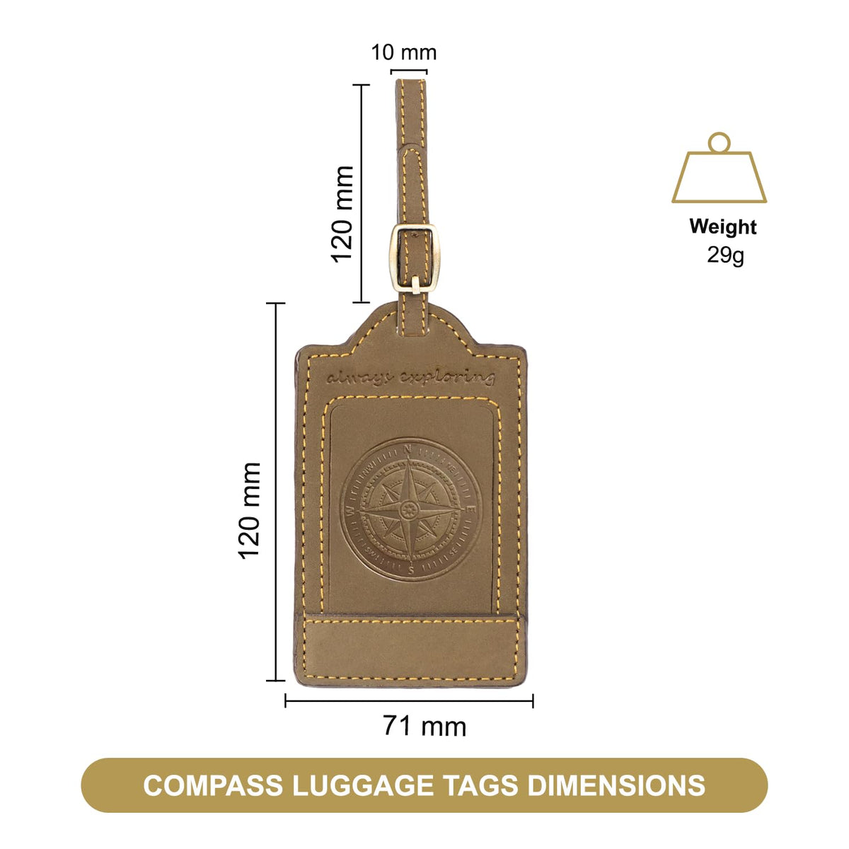 Sovereign - Gear - Two Brown Leather Luggage Tags - Compass Embossed - Genuine Leather Luggage Tag for Suitcases, Stylish & Durable Travel Accessory
