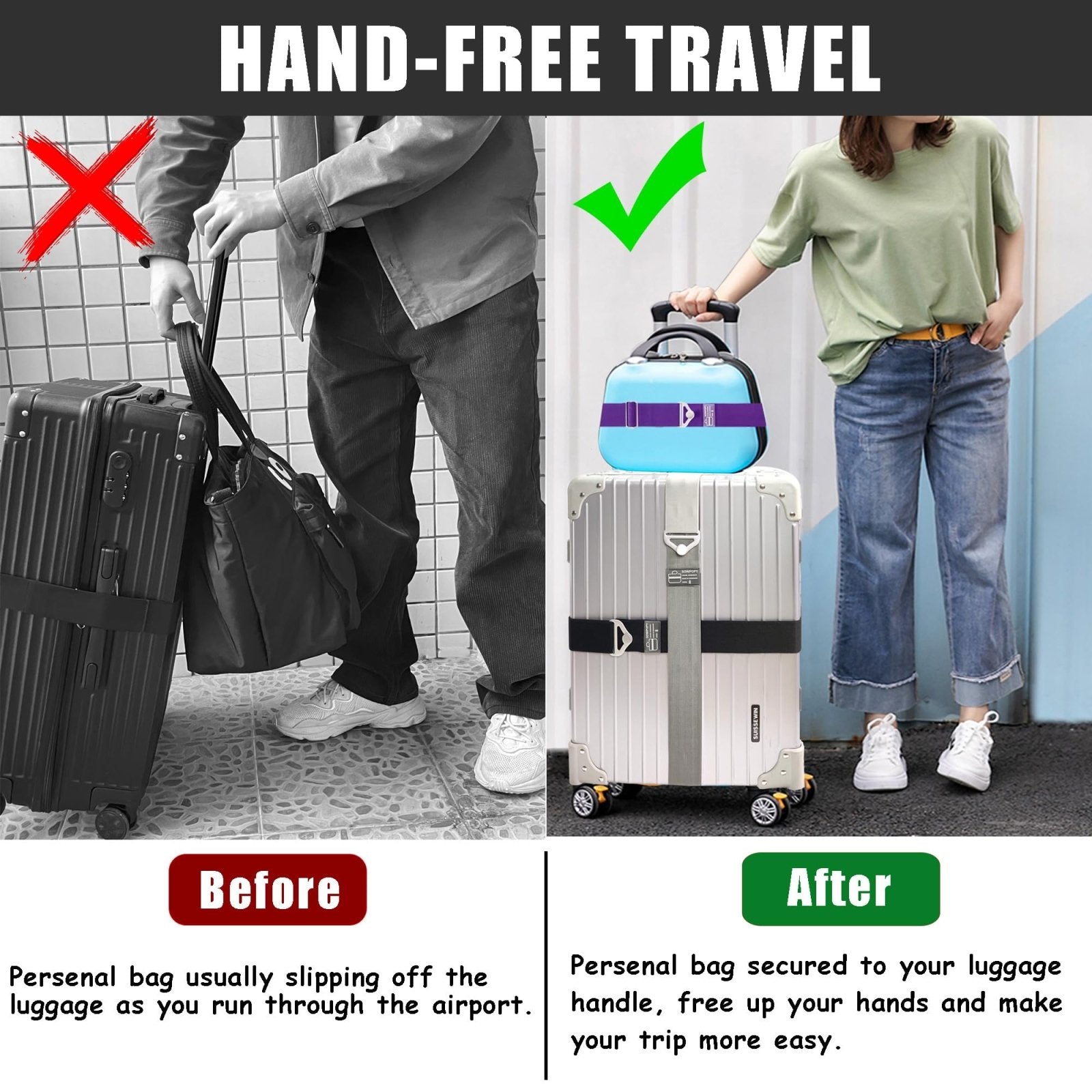 SOWPOPY Travel Belt for Luggage, Add a Bag Luggage Straps Suitcase Travel Belt Over Handle for Carry On Bag, Adjustable 2 - in - 1 Elastic Luggage Belt Bag Bungee Travel Essential Accessories(DK - Black)