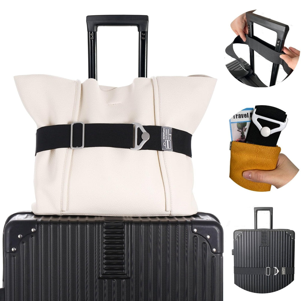 SOWPOPY Travel Belt for Luggage, Add a Bag Luggage Straps Suitcase Travel Belt Over Handle for Carry On Bag, Adjustable 2-in-1 Elastic Luggage Belt Bag Bungee Travel Essential Accessories(DK-Black)