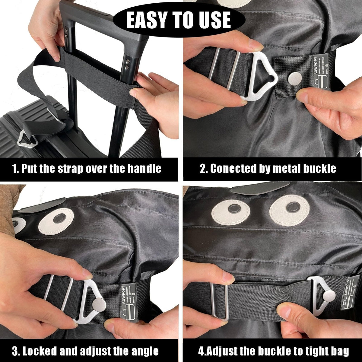 SOWPOPY Travel Belt for Luggage, Add a Bag Luggage Straps Suitcase Travel Belt Over Handle for Carry On Bag, Adjustable 2 - in - 1 Elastic Luggage Belt Bag Bungee Travel Essential Accessories(DK - Black)