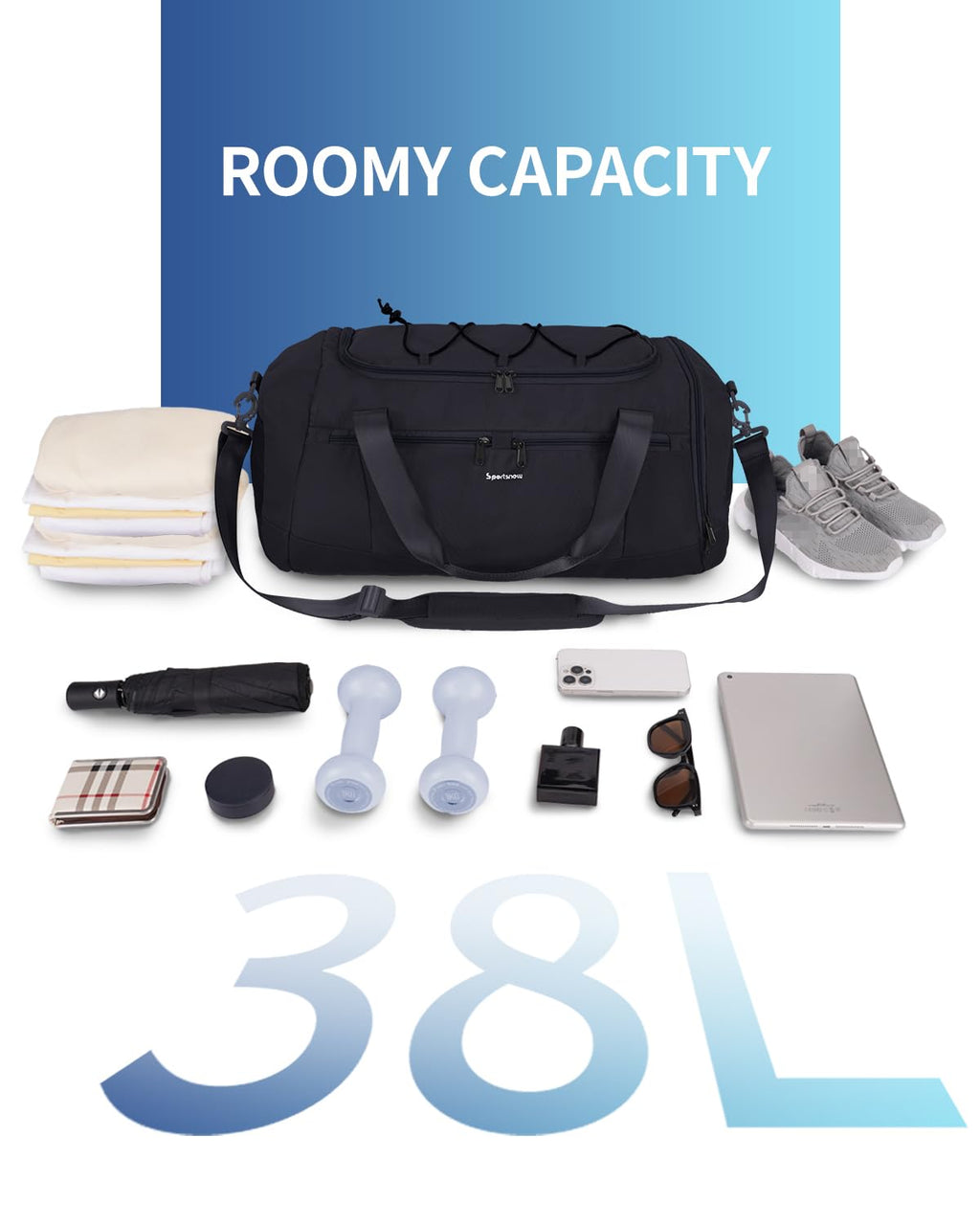Sportsnew Gym Bag for Men Women with Shoe Compartment,Duffel Bag for Travel with Wet Pocket & Laptop Compartment,Mens Weekender Overnight Carry On Backpack Bag(Black Patent Pending)