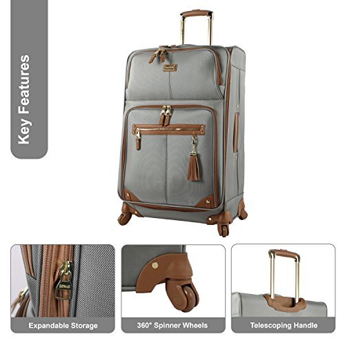 Steve Madden Designer Luggage Collection - Lightweight 24 Inch Expandable Softside Suitcase - Mid-size Rolling 4-Spinner Wheels Checked Bag (Harlo Gray)