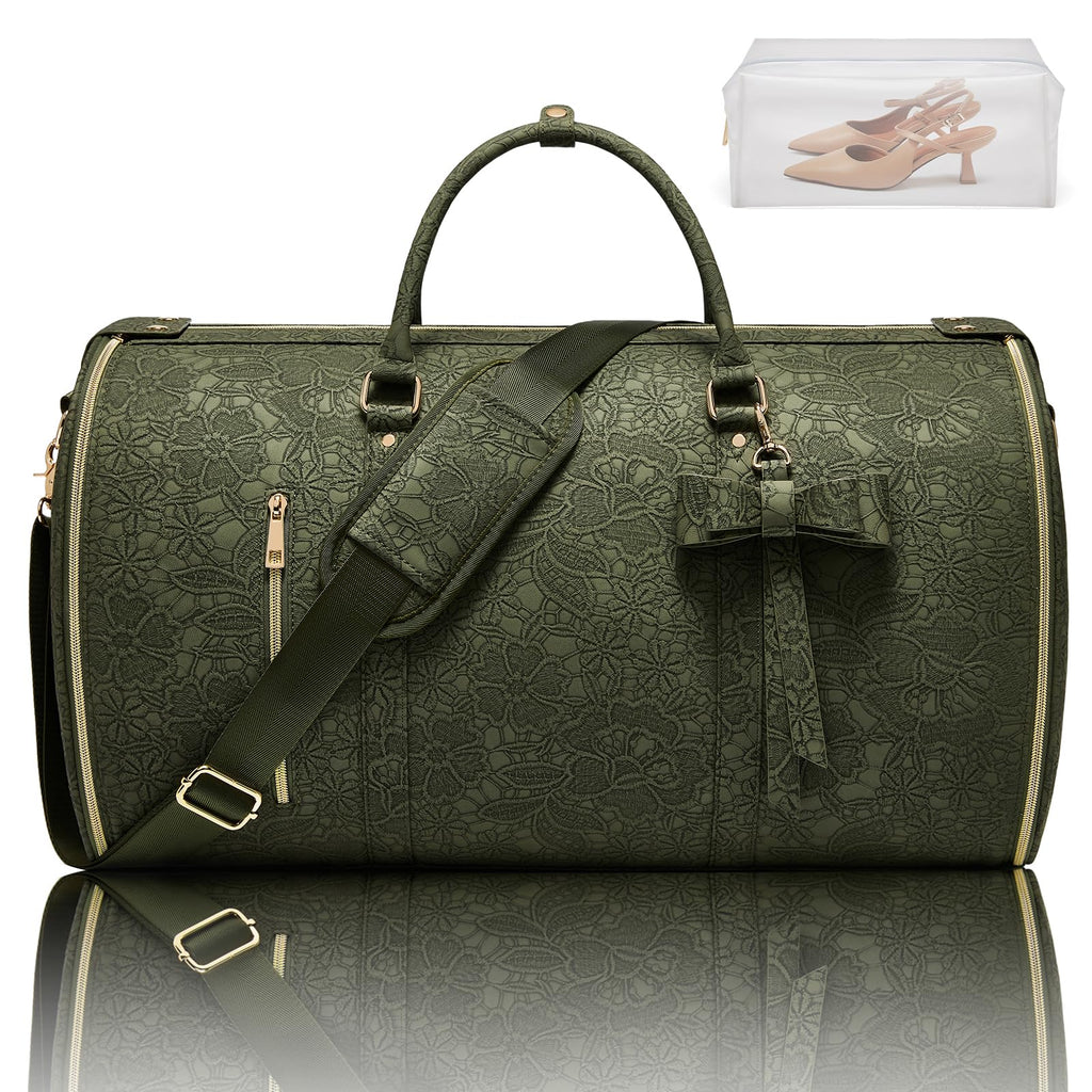 STHMEOOHT Garment Duffle Bag for Travel, 2 - in - 1 Foldable Carry On Garment Bag with Shoe Compartment & Toiletry Pocket, Convertible Weekender Bags for Women Business Travel, Vacation, Party, Deep Green