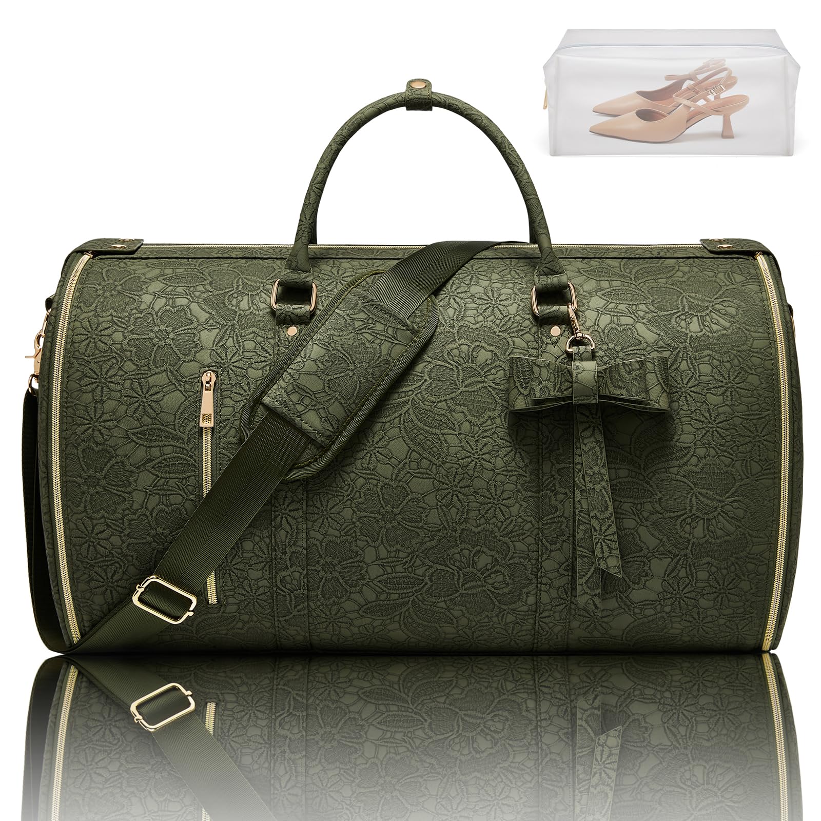 STHMEOOHT Garment Duffle Bag for Travel, 2 - in - 1 Foldable Carry On Garment Bag with Shoe Compartment & Toiletry Pocket, Convertible Weekender Bags for Women Business Travel, Vacation, Party, Deep Green