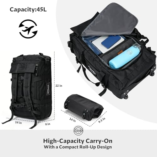 STOVER 45/100L Carry-On U-Zip Rolling Duffel Bag with Wheels, Medium Durable Travel Duffle w/Toiletry Bag, Heavy-Duty, Packable w/Shoulder Straps- Use as Luggage or Backpack, Men/Women (Black)