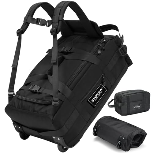 STOVER 45/100L Carry-On U-Zip Rolling Duffel Bag with Wheels, Medium Durable Travel Duffle w/Toiletry Bag, Heavy-Duty, Packable w/Shoulder Straps- Use as Luggage or Backpack, Men/Women (Black)