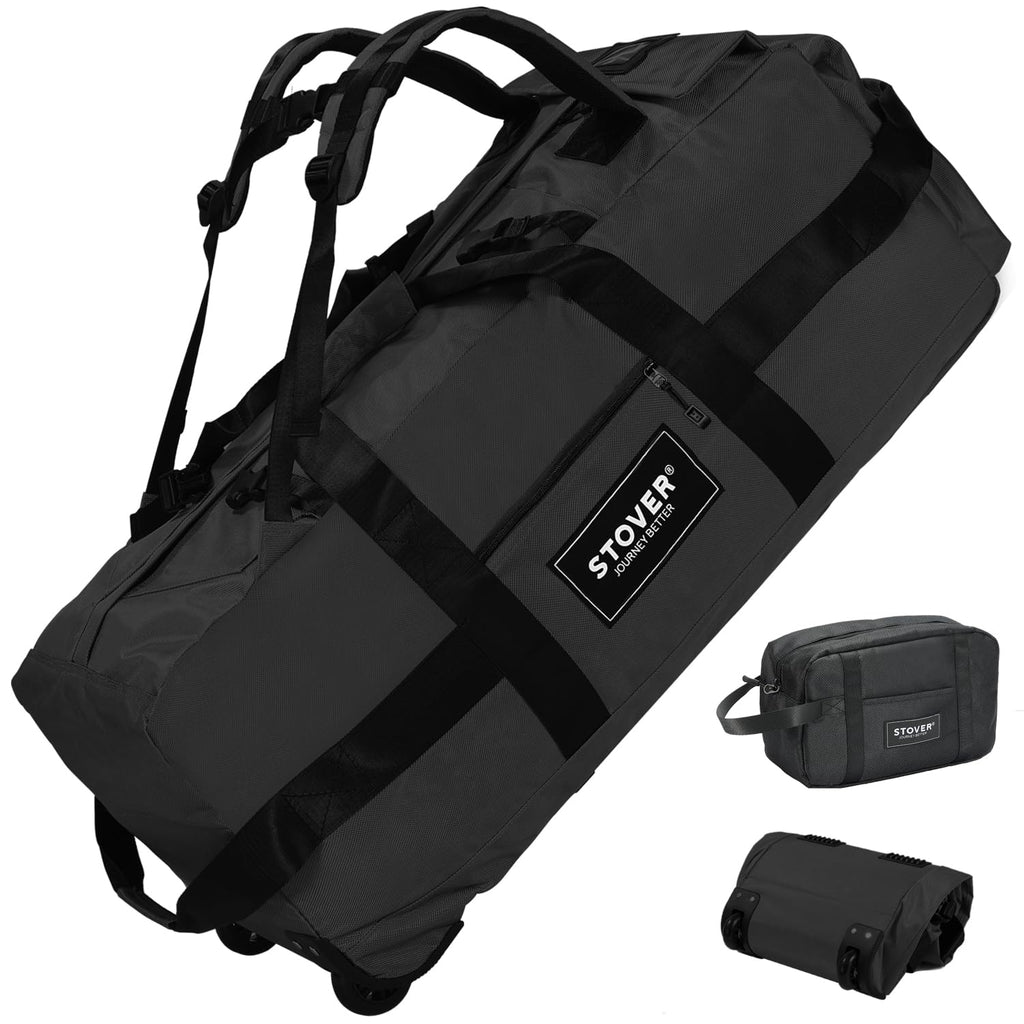 STOVER 80L Rolling Duffel Bag with Wheels, Large 31 Inch Durable Travel Duffle + Toiletry Bag, Heavy Duty, Packable, Foldable w/Shoulder Straps- Use as Luggage or Backpack, Men/Women (Black)