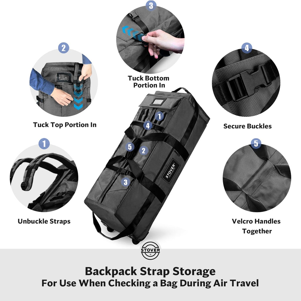 STOVER 80L Rolling Duffel Bag with Wheels, Large 31 Inch Durable Travel Duffle + Toiletry Bag, Heavy Duty, Packable, Foldable w/Shoulder Straps - Use as Luggage or Backpack, Men/Women (Black)
