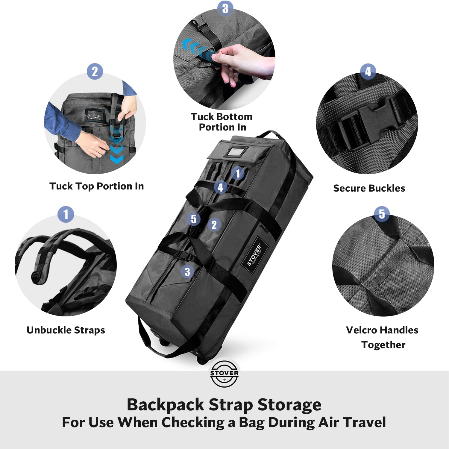 STOVER 80L Rolling Duffel Bag with Wheels, Large 31 Inch Durable Travel Duffle + Toiletry Bag, Heavy Duty, Packable, Foldable w/Shoulder Straps - Use as Luggage or Backpack, Men/Women (Black)