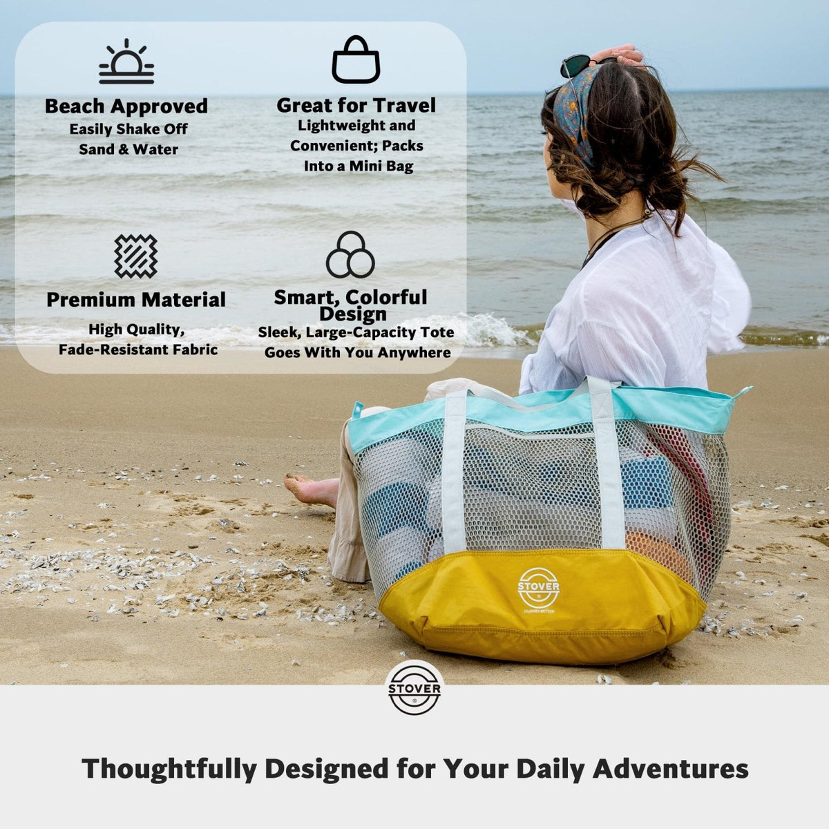 STOVER Extra Large Mesh Nylon Beach Bag, Vacation, Pool, Shopping, Toy, & Travel Tote - Foldable w/Storage Pouch & Pockets for Women, Men & Families - Heavy - Duty and Water - Resistant (Yellow/Aqua)