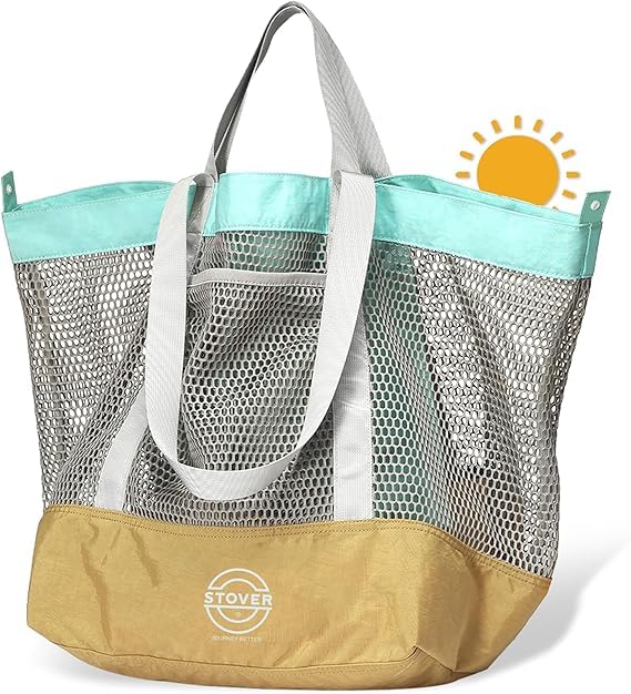 STOVER Extra Large Mesh Nylon Beach Bag, Vacation, Pool, Shopping, Toy, & Travel Tote - Foldable w/Storage Pouch & Pockets for Women, Men & Families - Heavy-Duty and Water-Resistant (Yellow/Aqua)
