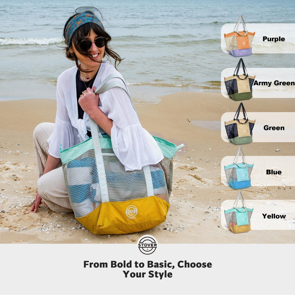 STOVER Extra Large Mesh Nylon Beach Bag, Vacation, Pool, Shopping, Toy, & Travel Tote - Foldable w/Storage Pouch & Pockets for Women, Men & Families - Heavy - Duty and Water - Resistant (Yellow/Aqua)