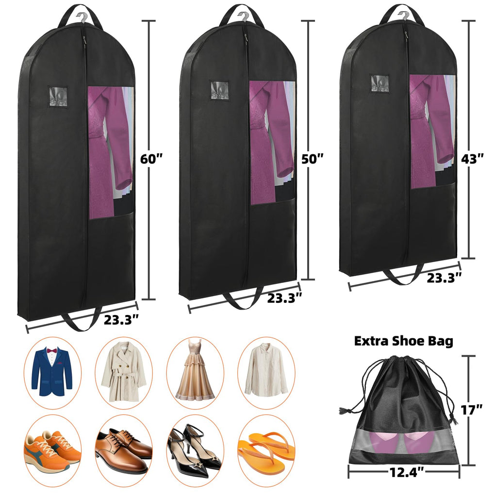 Stykontin Garment Bags for Hanging Clothes and Travel with 4" Gusseted, Suit Cover for Clothes,Coats,Suit,Jackets,Dress,Shirts,Skirt. (Black - 50" - Double zipper - Thickened 80G Non - woven Fabric)