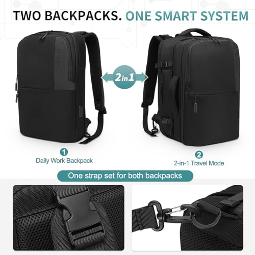SUIKIHUM 2-in-1 Travel Backpack for Men, Expandable 16" Laptop Backpack with Detachable Briefcase, Water-Resistant Carry-On Business Bag with USB-C, Black