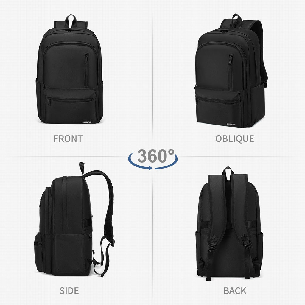 SUIKIHUM Nylon Backpack for Men & Women, Water - Resistant Everyday Backpack with 15.6" Laptop Compartment, Anti - Theft Pocket & Luggage Strap, Black