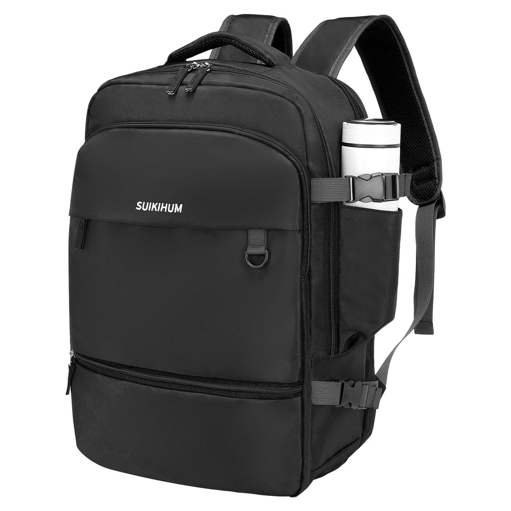 SUIKIHUM Travel Backpack for Men & Women, Carry on Laptop Backpack, Water-Resistant Oxford Fabric, Fits 16" Laptop, Anti-Theft & Luggage Strap, Black