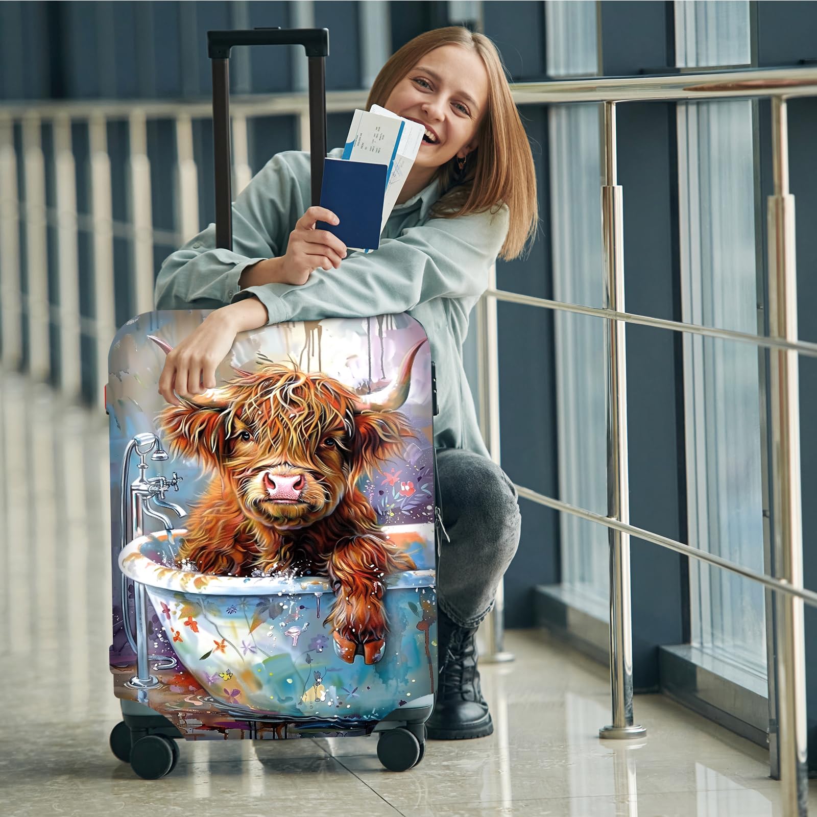 Suitcase Cover for Luggage 29 - 32 Inch, Washable Elastic Anti - Scratch Luggage Protector, Durable Zipper Baggage Cover with Handle Wrap, Travel Accessories for Suitcase, Cute Highland Cowin Bathtub