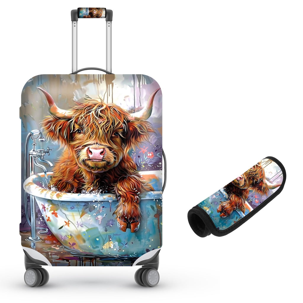 Suitcase Cover for Luggage 29-32 Inch, Washable Elastic Anti-Scratch Luggage Protector, Durable Zipper Baggage Cover with Handle Wrap, Travel Accessories for Suitcase, Cute Highland Cowin Bathtub