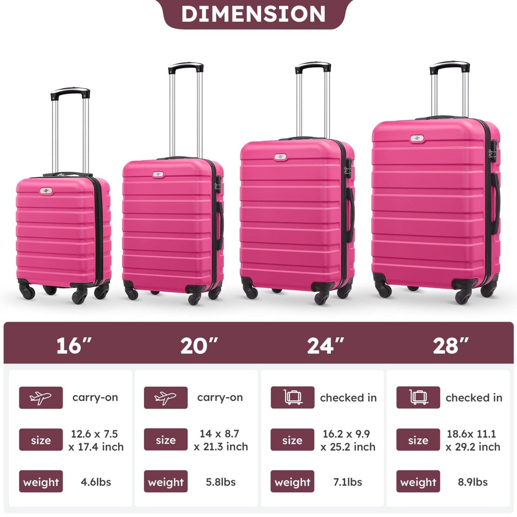 Suitour 4 Piece Luggage Sets, Hard Shell Suitcase Set with Spinner Wheels 16 20 24 28inch Travel Sets(Rose Red)