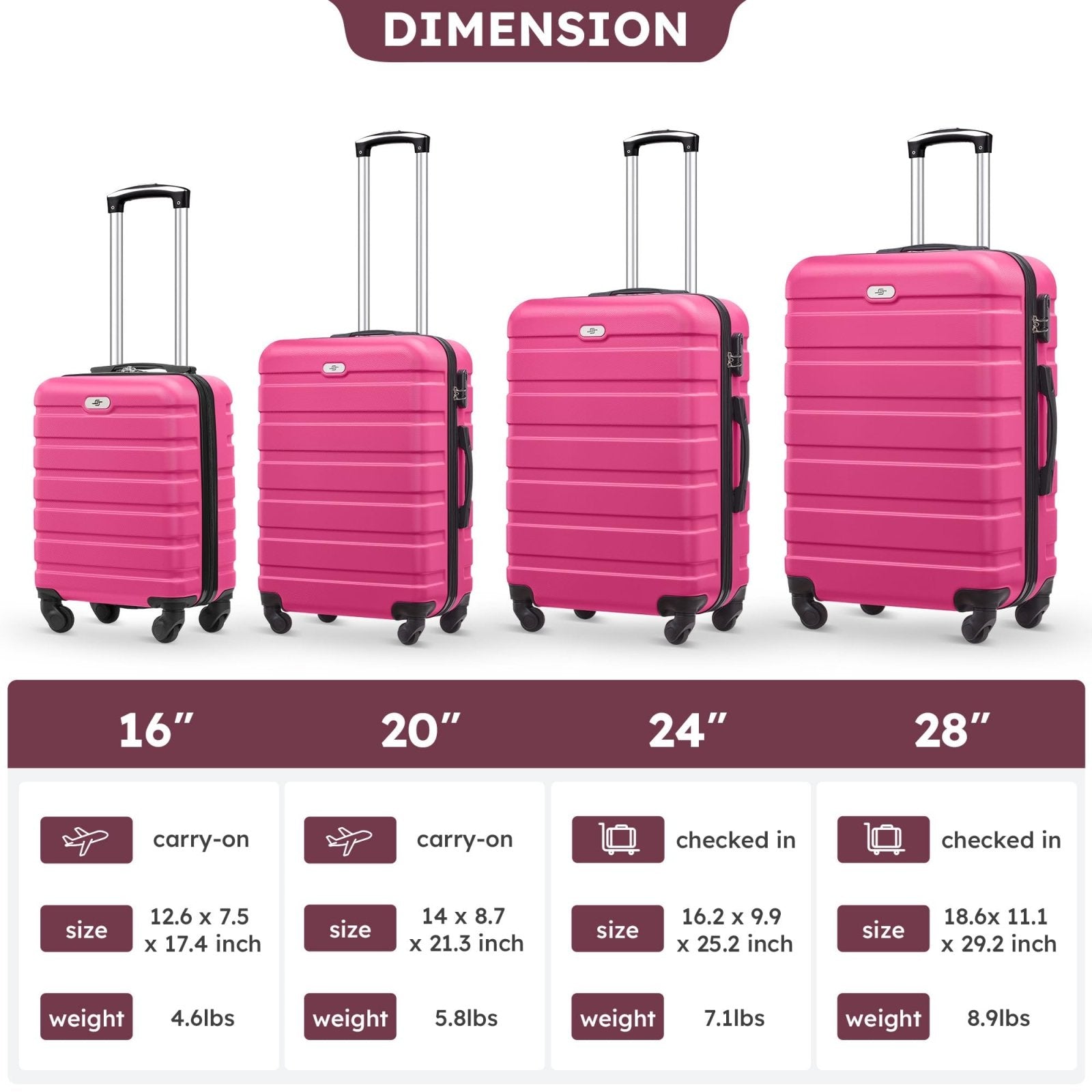 Suitour 4 Piece Luggage Sets, Hard Shell Suitcase Set with Spinner Wheels 16 20 24 28inch Travel Sets(Rose Red)