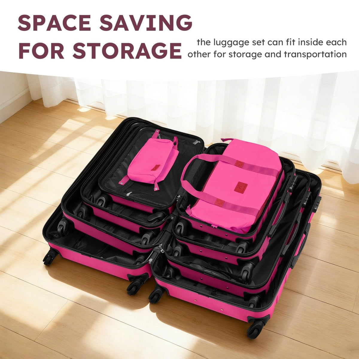 Suitour 6 Piece Luggage Sets, 16, 20, 24, 28 inch Hardside Carry - on and Checked Suitcase Set with Expandable Travel Duffle Bag Sets(Rose Red)