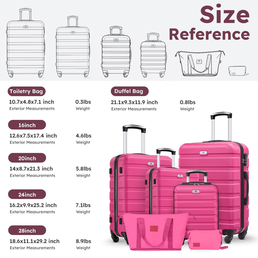 Suitour 6 Piece Luggage Sets, 16, 20, 24, 28 inch Hardside Carry - on and Checked Suitcase Set with Expandable Travel Duffle Bag Sets(Rose Red)