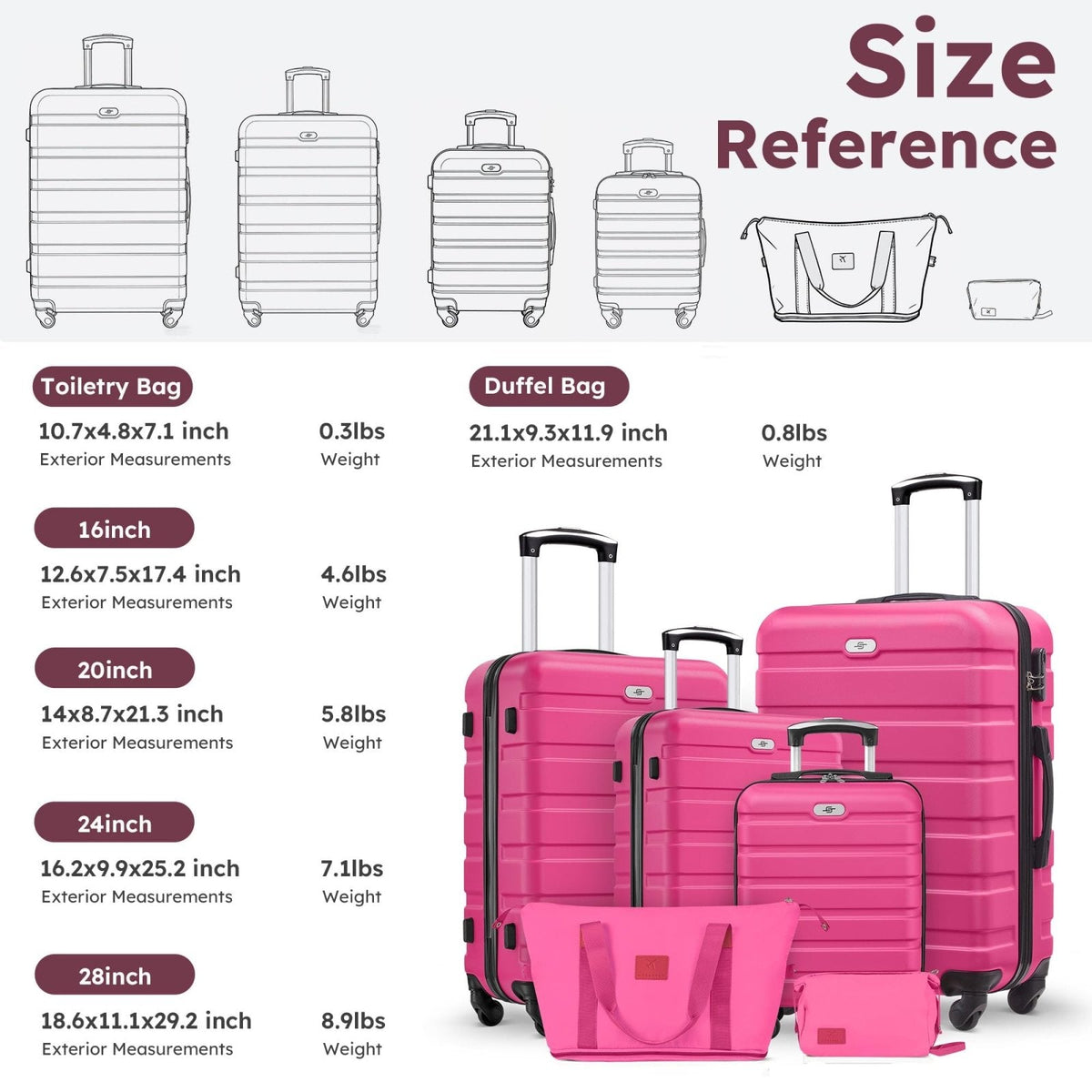 Suitour 6 Piece Luggage Sets, 16, 20, 24, 28 inch Hardside Carry - on and Checked Suitcase Set with Expandable Travel Duffle Bag Sets(Rose Red)