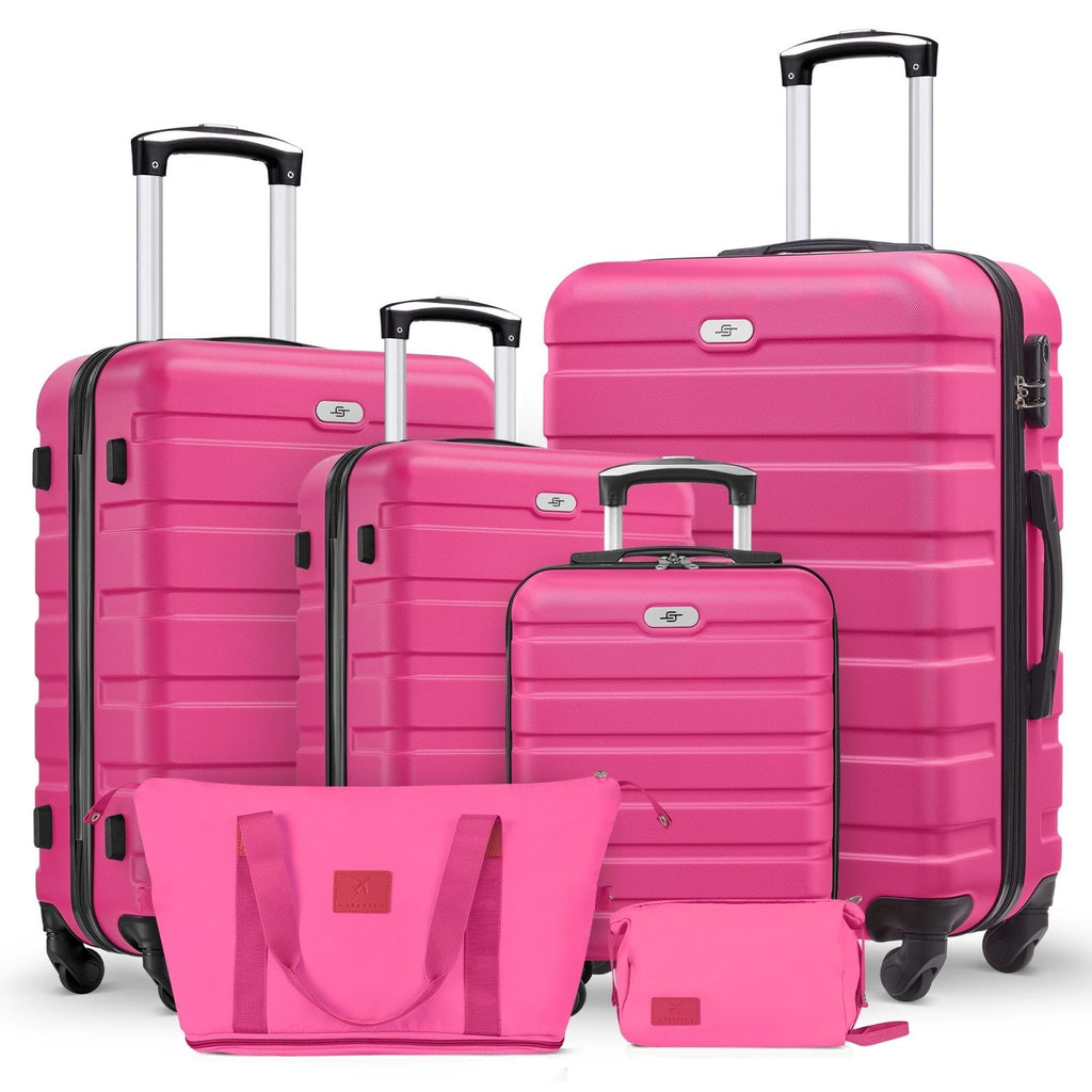 Suitour 6 Piece Luggage Sets, 16, 20, 24, 28 inch Hardside Carry-on and Checked Suitcase Set with Expandable Travel Duffle Bag Sets(Rose Red)