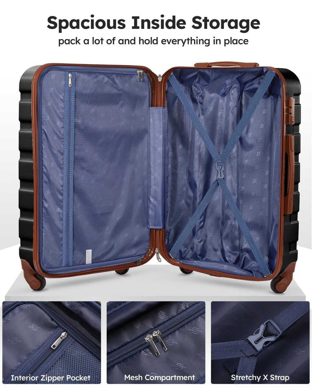 Suitour Luggage 3 Piece Sets Hard Shell Luggage Set with Spinner Wheels, TSA Lock, 20 24 28 inch Travel Suitcase Sets (Black Brown)