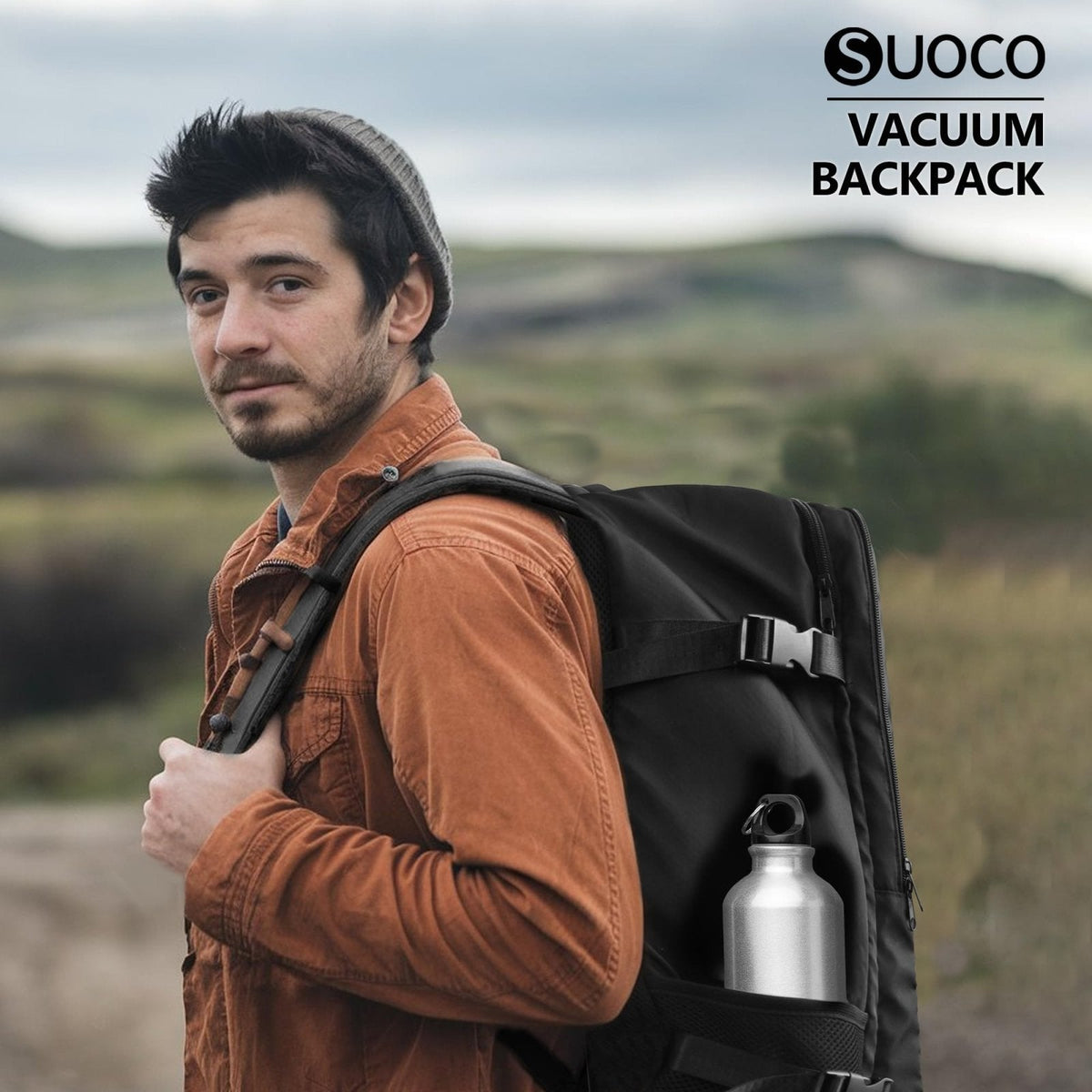 SUOCO Travel Backpack with Vacuum Bag, 70L Seal Compression Air Vac Back Pack with Travel Pump, Carry On Suitcase Luggage Flight Approved for Men Women Personal Item, Black