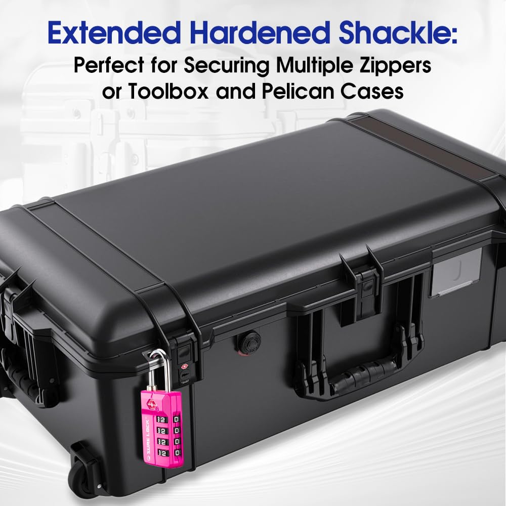 SURE LOCK TSA Approved 4 - Digit Luggage Lock, Resettable Combination, Red Dot Open - Alert (Resets Only with Code), Easy - Read Black/White Dials, Hardened Shackle, Zinc Alloy (Pink 1 Pack)