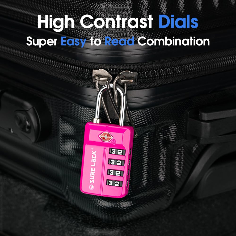 SURE LOCK TSA Approved 4 - Digit Luggage Lock, Resettable Combination, Red Dot Open - Alert (Resets Only with Code), Easy - Read Black/White Dials, Hardened Shackle, Zinc Alloy (Pink 1 Pack)