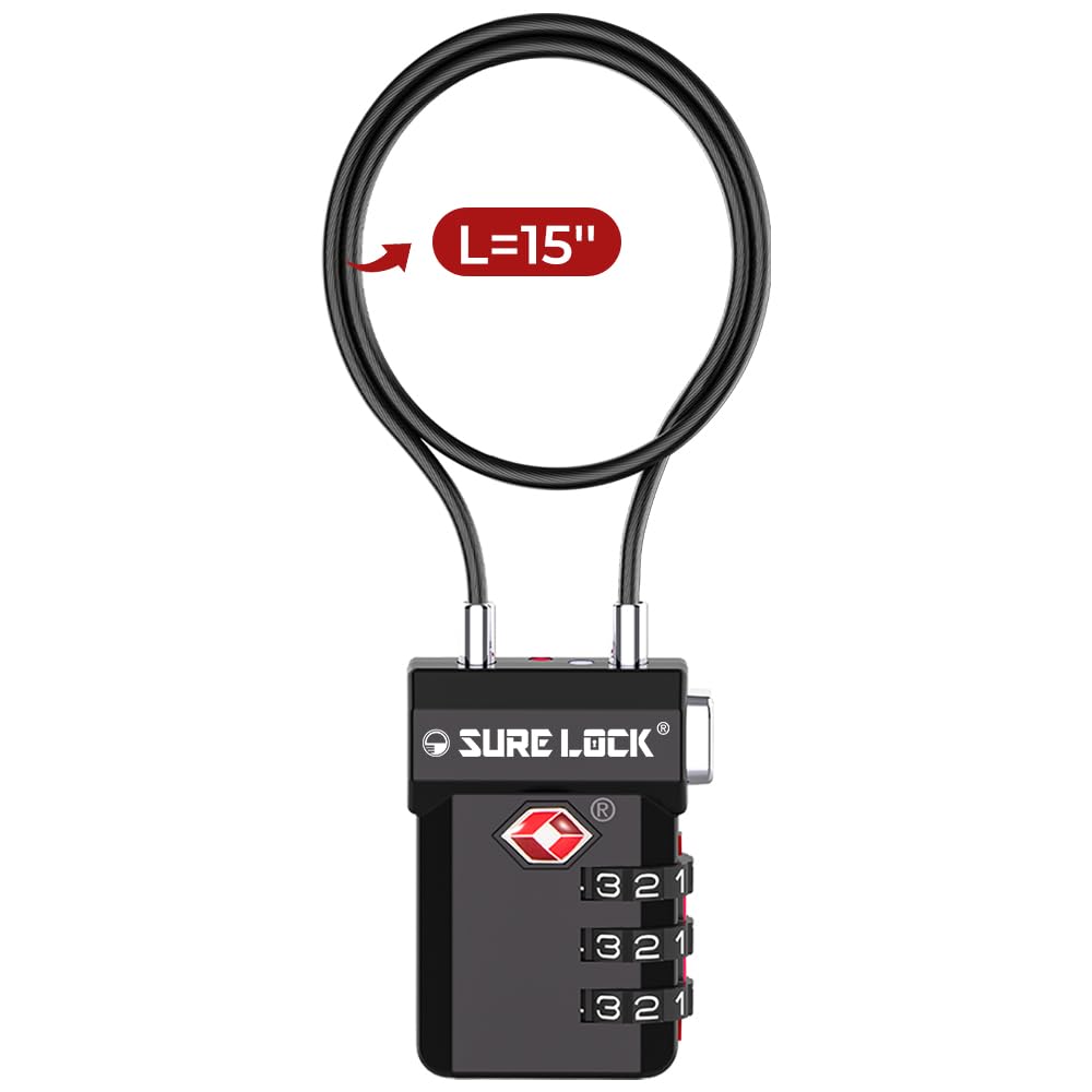 SURE LOCK TSA Approved Long Cable Luggage Lock 15-Inch Flexible Travel Lock to Secure Multiple Bags or Anchor to Fixed Objects, Resettable Combination with Visual Indicator Black 1 Pack