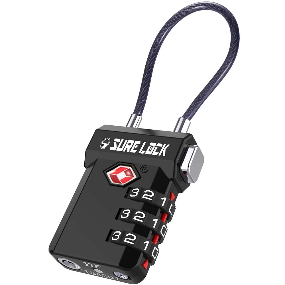 SURE LOCK TSA Approved Luggage Locks with Open Alert & Easy-Read Dials, Re-settable 3-Digit Combination, Zinc Alloy Body for Suitcase, Backpack, Gym Lockers(Black 1 Pack)