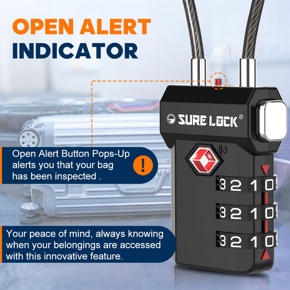 SURE LOCK TSA Approved Luggage Locks with Open Alert & Easy - Read Dials, Re - settable 3 - Digit Combination, Zinc Alloy Body for Suitcase, Backpack, Gym Lockers(Black 1 Pack)